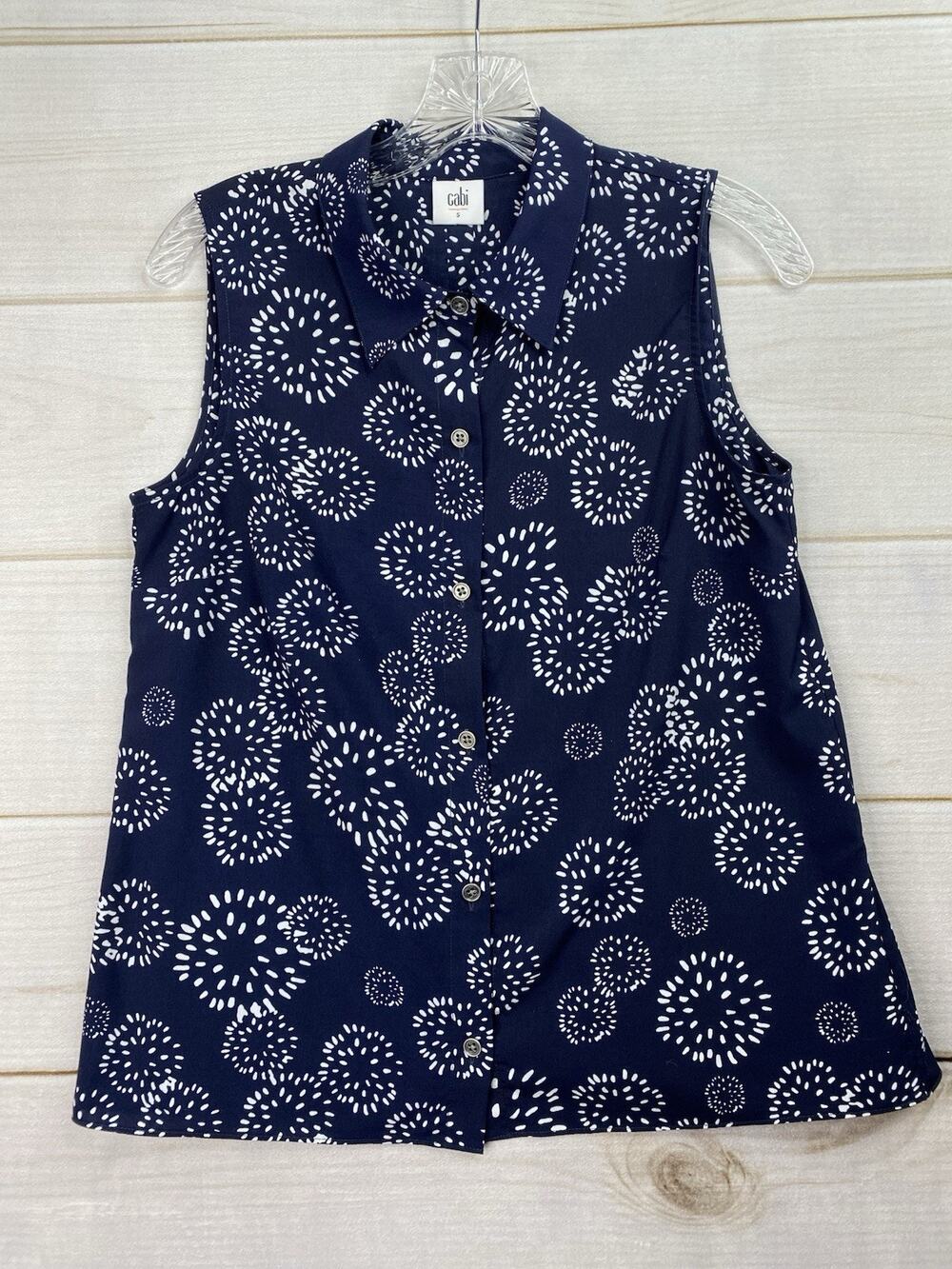 Cabi Top Womens S Sleeveless Button Up Blue Geometric Floral Mod Retro Boho - Picture 1 of 10